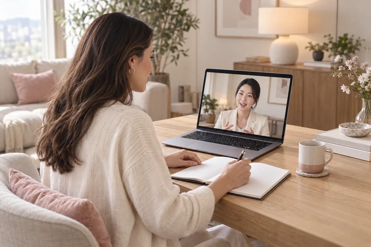 A traveler speaking with a concierge by video call from home.