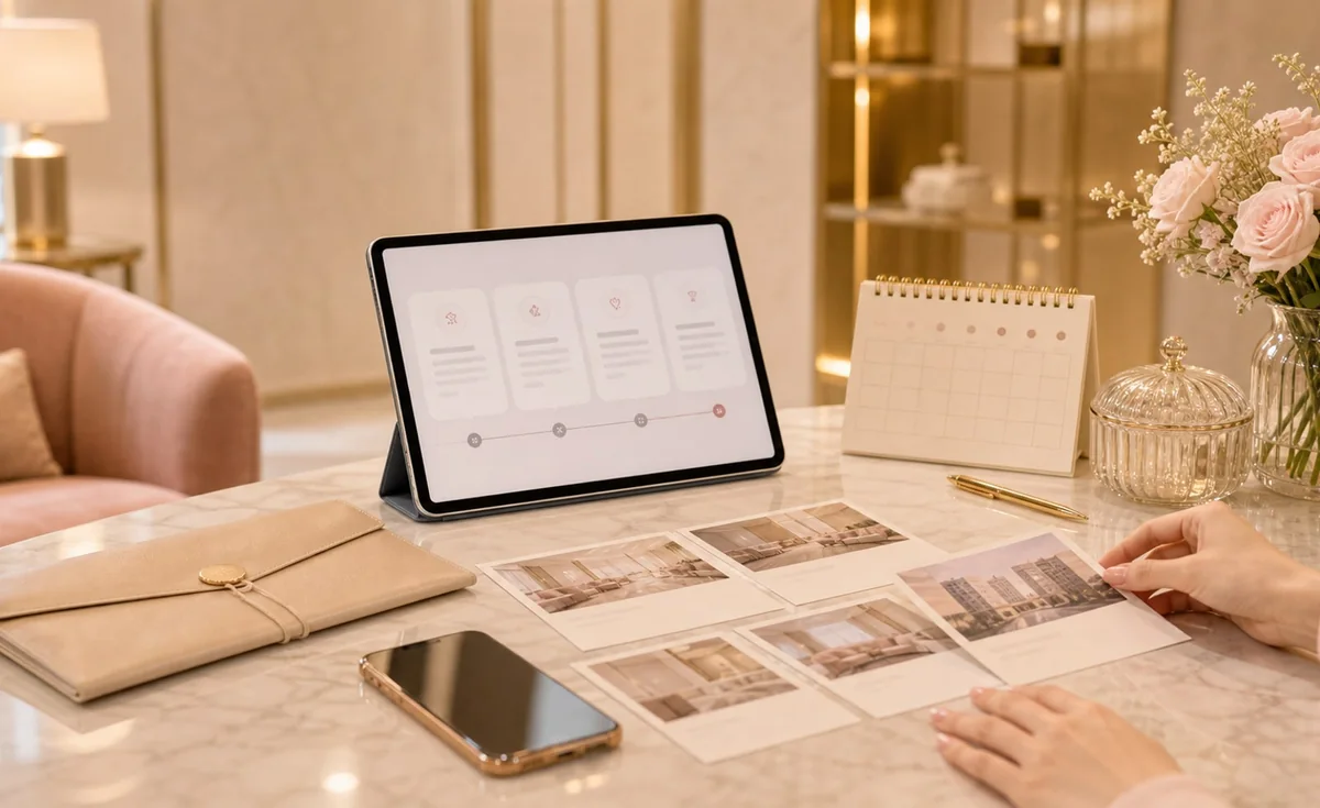 Travel planner, calendar and clinic photographs arranged on a warm-toned desk