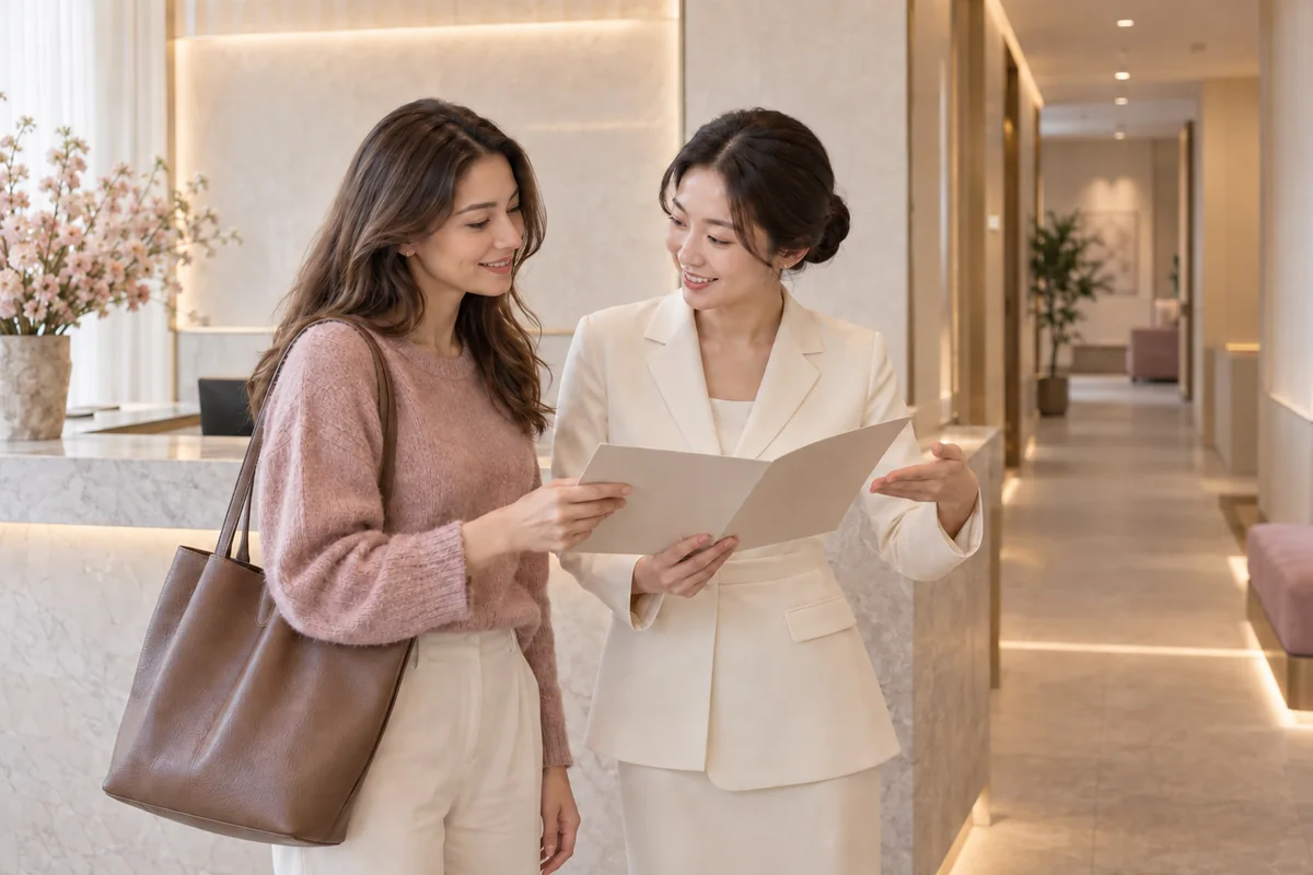 A concierge helping an international visitor at a Seoul clinic reception.